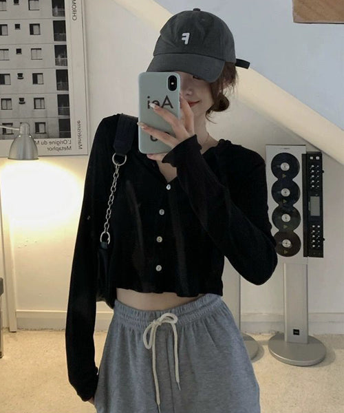 フード付きフロントボタンショート丈ロンT / 15162