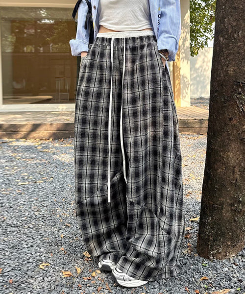 ダブルウエストチェック柄ワイドパンツ / 15558