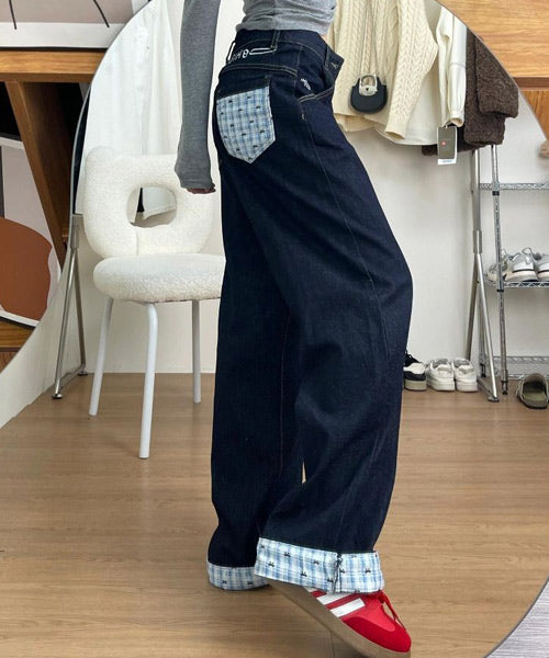 チェック柄切替デニムパンツ / 15075