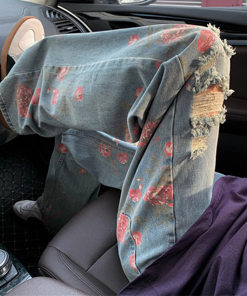 花柄ダメージ加工ルーズデニムパンツ / 15655