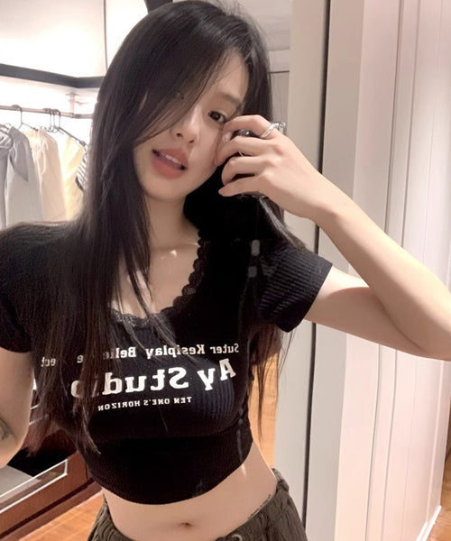 バックオープンレースショート丈Tシャツ / 14873