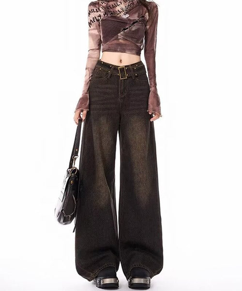 スタッズベルト付きワイドデニムパンツ / 15035