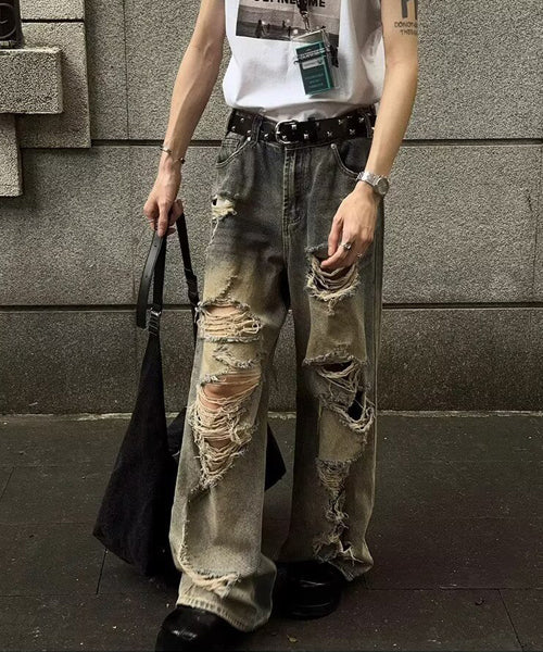 ダメージ加工ワイドデニムパンツ / 15744