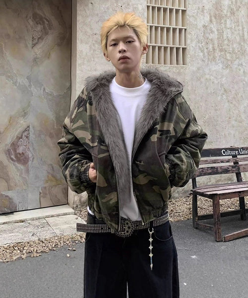 カモフラージュ柄ファーフードブルゾン / 15453