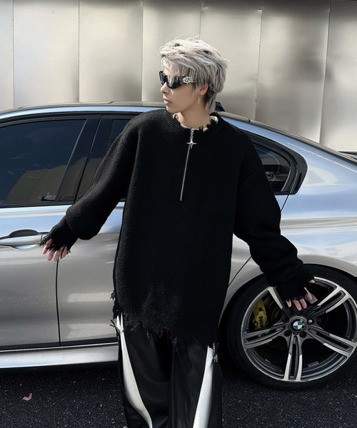 ダメージ加工ハーフジップニット / 15197