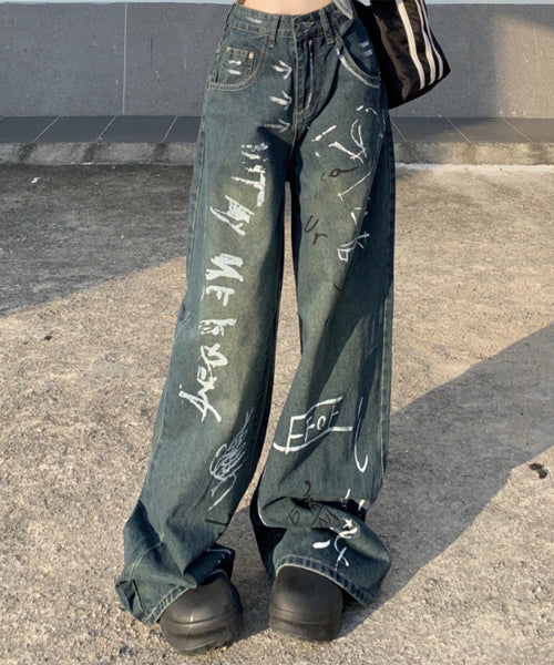 ペイント加工 ワイドデニム DENIM & DUNGAREE ペイント加工 ワイド