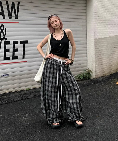 ダブルウエストチェック柄ワイドパンツ / 15558