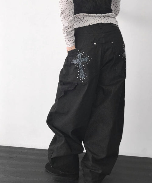 レオパード柄クロス刺繍カーブデニムパンツ / 15561