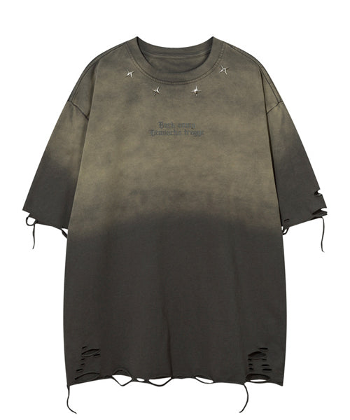 刺繍ロゴスタッズダメージ加工Tシャツ / 15691