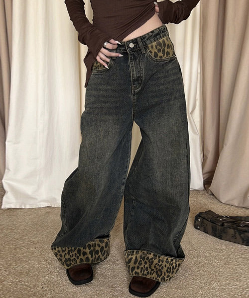 レオパード柄ロールアップワイドデニムパンツ / 15451