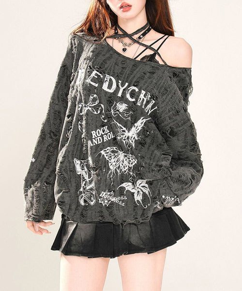バタフライダメージ加工レースアップオフショルダーロンT / 15039