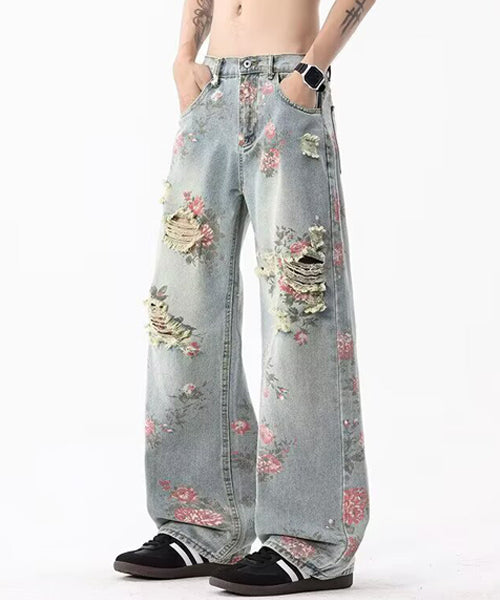 花柄ダメージ加工ルーズデニムパンツ / 15655