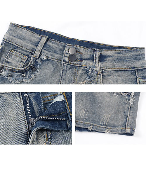 スタッズ付きダメージ加工デニムショートパンツ / 15800