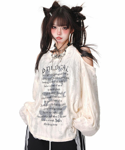 オープンショルダーバタフライダメージロンT / 14994