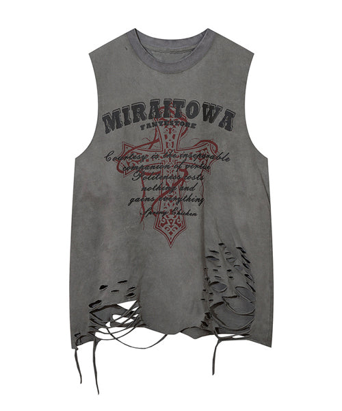 ダメージ加工ノースリーブTシャツ / 15915