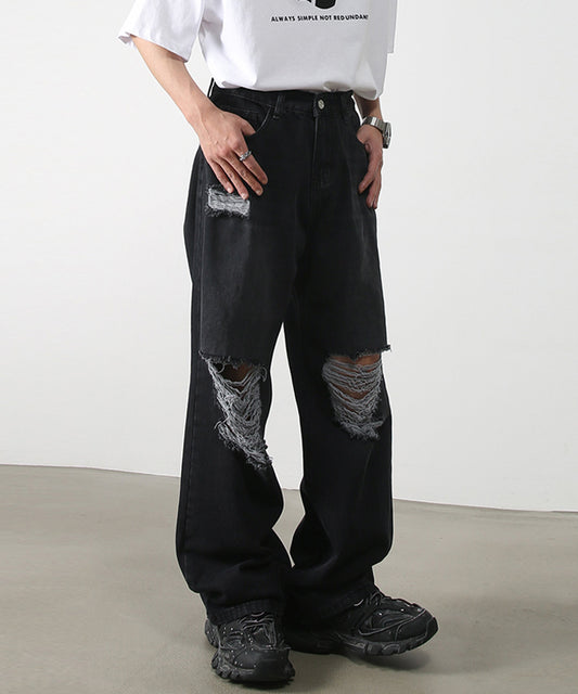 ダメージ加工ブラックワイドデニムパンツ