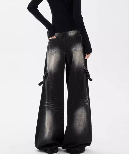 サイドベルトブラックデニムパンツ / 15454