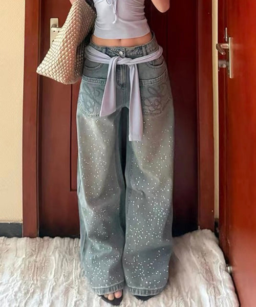 ラインストーンロゴ刺繍ワイドデニムパンツ / 15700