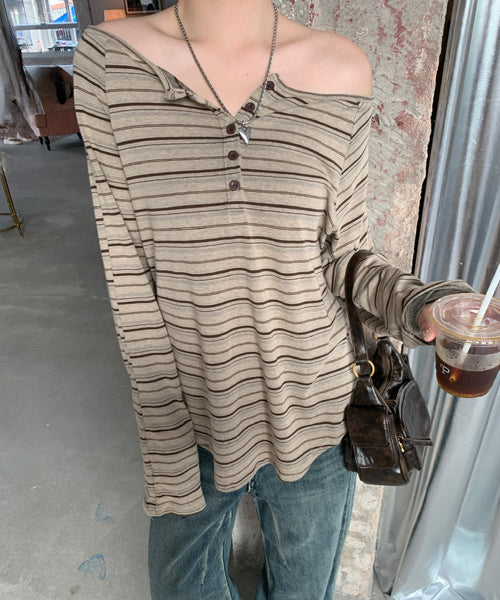 ボーダー柄オフショルダーロンT / 15163