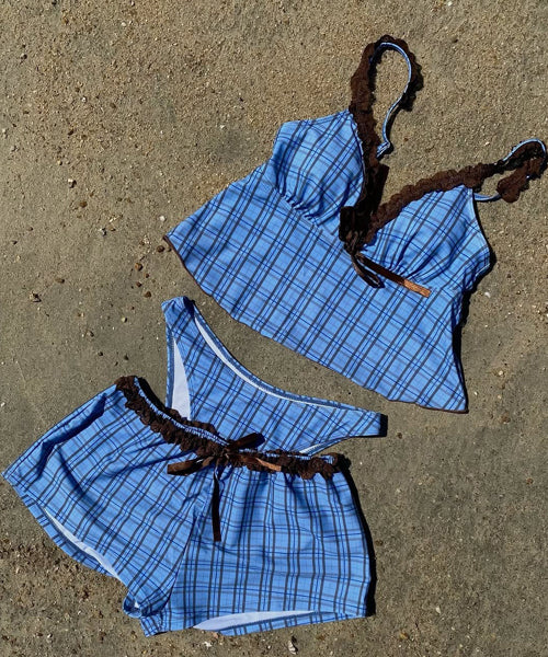 チェック柄リボンレースショートパンツ付きタンキニ 3点セット / 15796