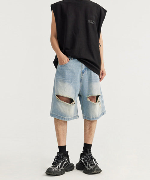 ダメージ加工ワイドデニムハーフパンツ/13559