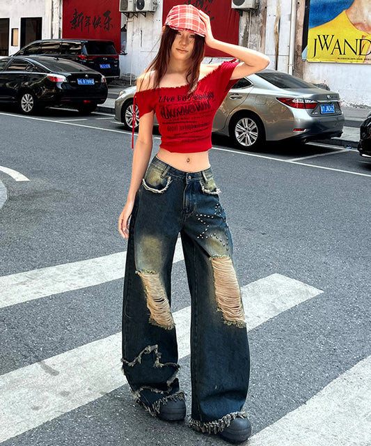 スターフリンジワイドデニムパンツ / 15006