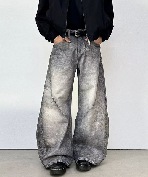 ユーズド加工プリントワイドパンツ / 15663