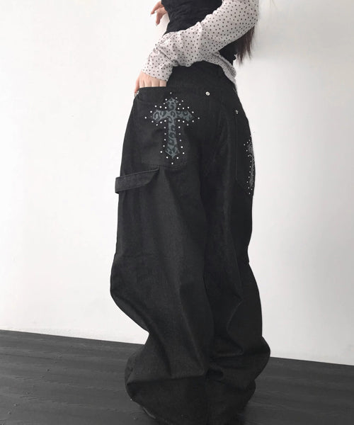 レオパード柄クロス刺繍カーブデニムパンツ / 15561