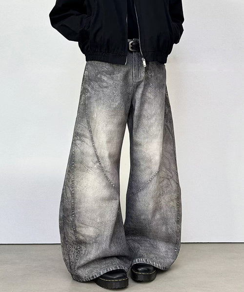 ユーズド加工プリントワイドパンツ / 15663