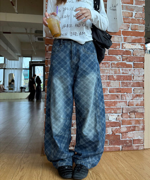 チェック柄カーブデニムパンツ / 15494