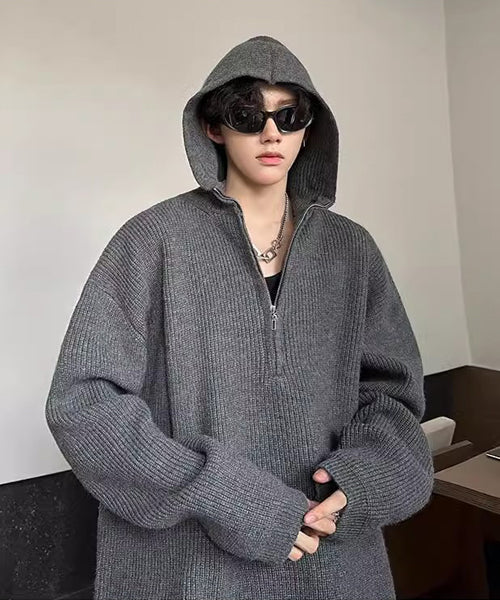 ハーフジップフード付きニット / 15233
