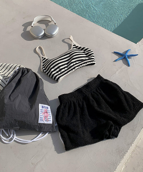 ボーダー柄ショートパンツ付き水着 3点セット / 15788
