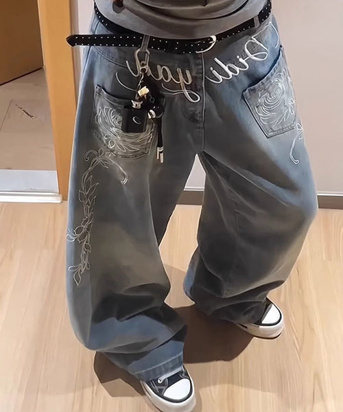 ローズ刺繍ワイドデニムパンツ / 15658