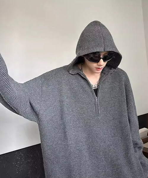 ハーフジップフード付きニット / 15233