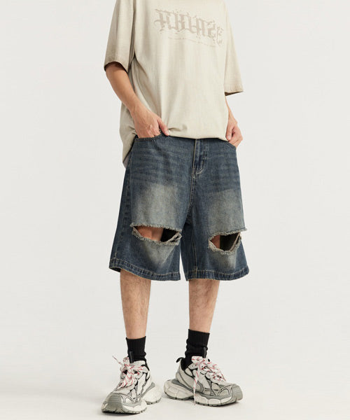ダメージ加工ワイドデニムハーフパンツ/13559