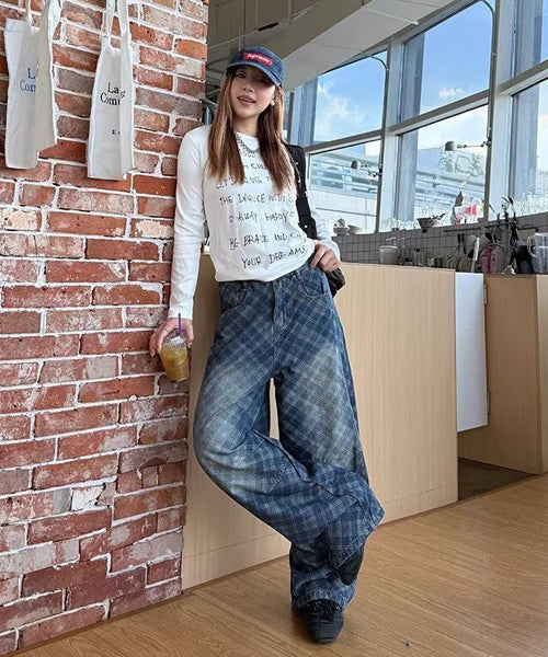 チェック柄カーブデニムパンツ / 15494