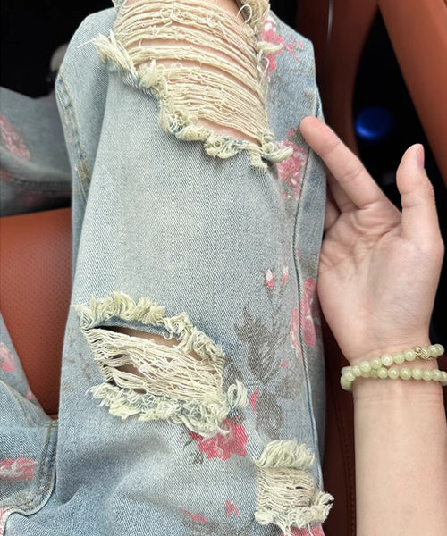 花柄ダメージ加工ルーズデニムパンツ / 15655