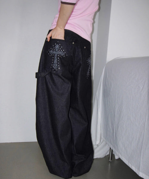 レオパード柄クロス刺繍カーブデニムパンツ / 15561