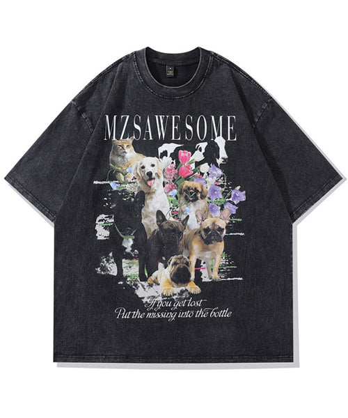 オーバーサイズ ピグメント加工 アニマルグラフィックロゴプリントTシャツ / 15705