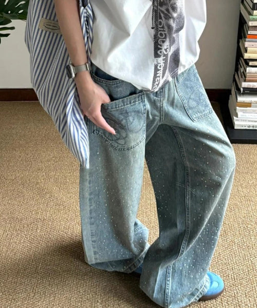ラインストーンロゴ刺繍ワイドデニムパンツ / 15700