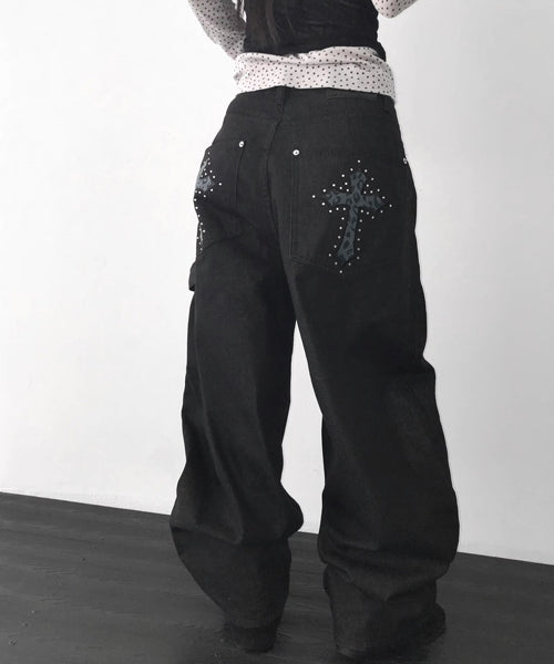 レオパード柄クロス刺繍カーブデニムパンツ / 15561