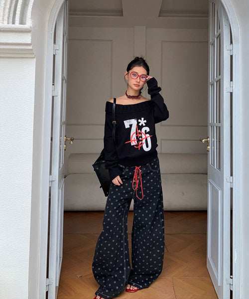 レースアップ星柄ワイドデニムパンツ / 15541