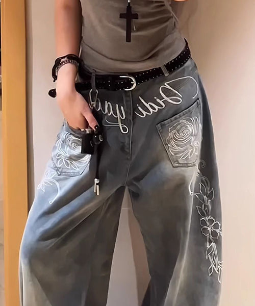 ローズ刺繍ワイドデニムパンツ / 15658