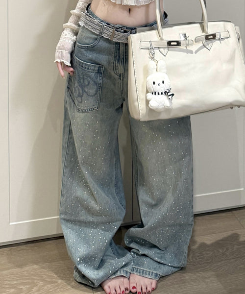 ラインストーンロゴ刺繍ワイドデニムパンツ / 15700