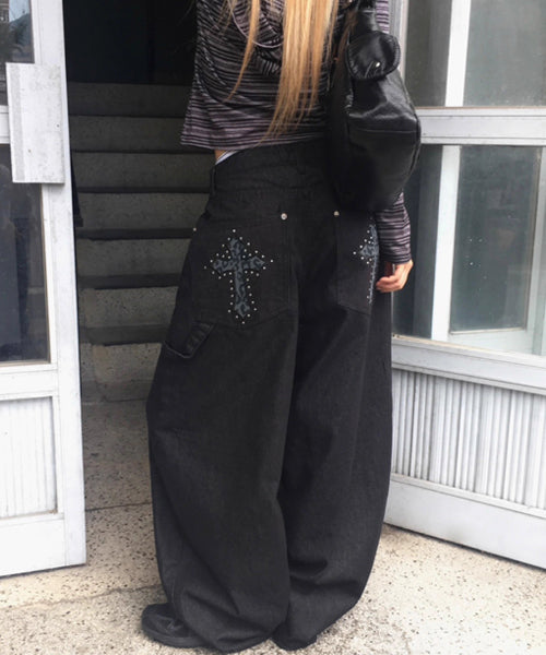 レオパード柄クロス刺繍カーブデニムパンツ / 15561