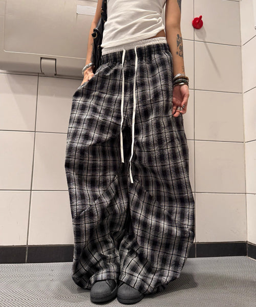 ダブルウエストチェック柄ワイドパンツ / 15558