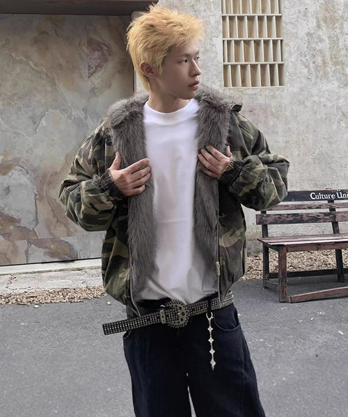 カモフラージュ柄ファーフードブルゾン / 15453