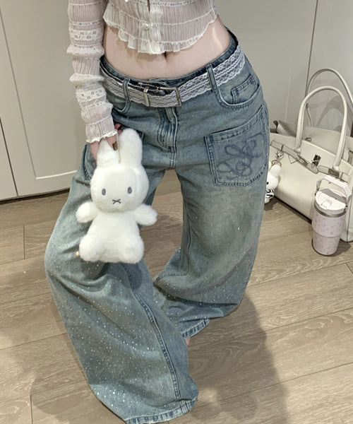 ラインストーンロゴ刺繍ワイドデニムパンツ / 15700