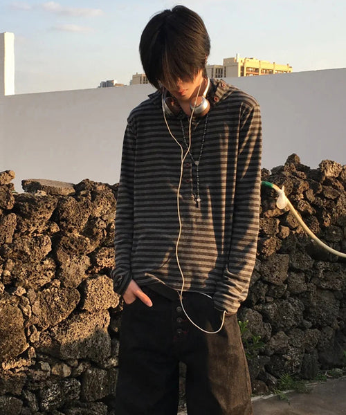 フード付きボーダー柄ヘンリーネックロンT / 16488