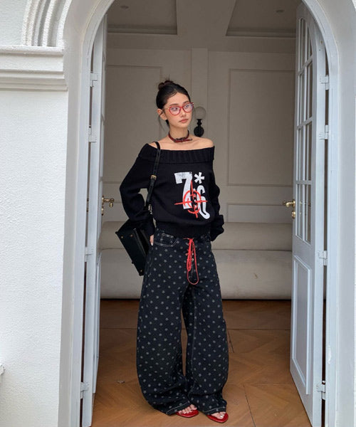 レースアップ星柄ワイドデニムパンツ / 15541